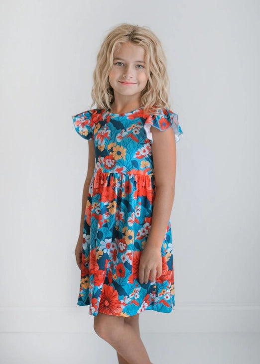 Girl's Coral/Blue Floral Flutter Dress