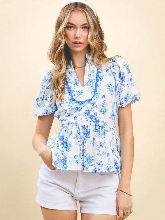 Blue Floral Peplum Top