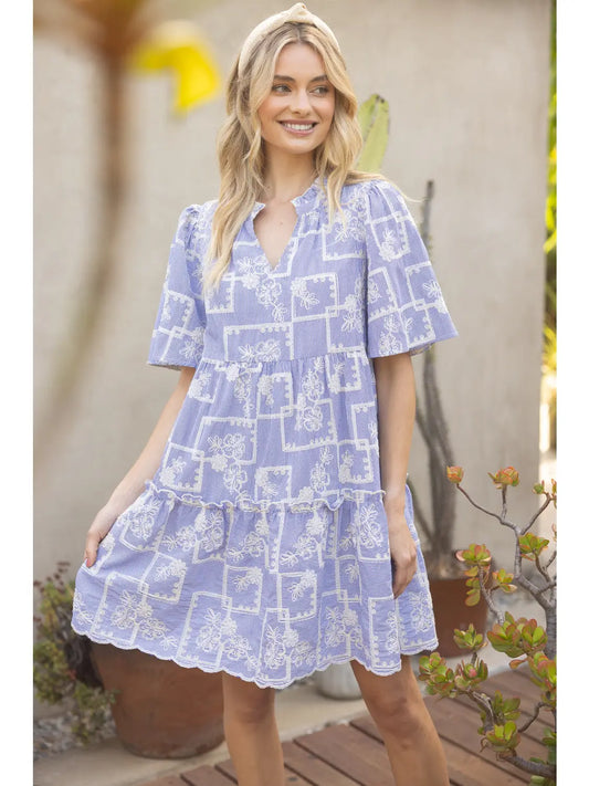 Blue Floral Embroidery Dress by Voy
