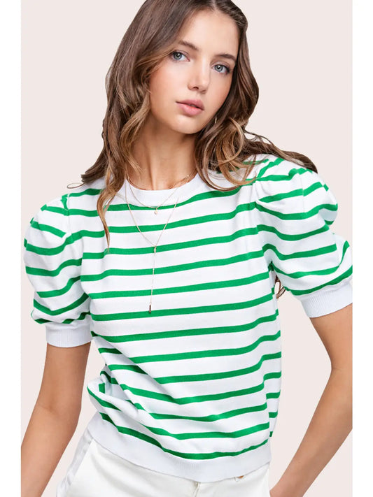 Green Stripe Lightweight Puff Sleeve Top