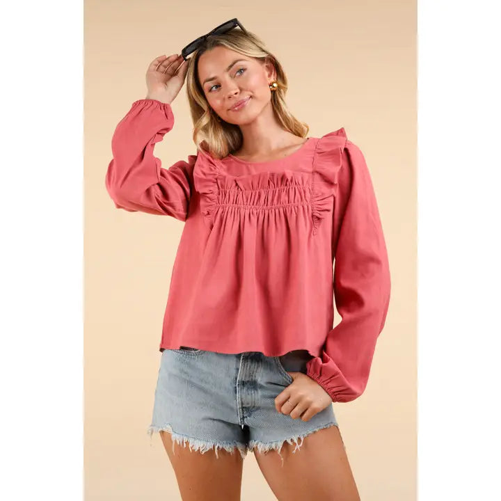 All about Mauve Ruffle Shoulder Top