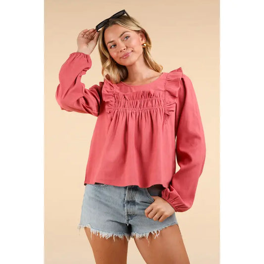 All about Mauve Ruffle Shoulder Top