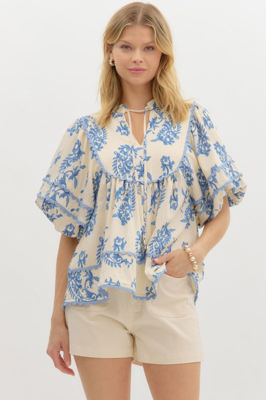 Blue Paisley Bubble Sleeve Blouse By Entro