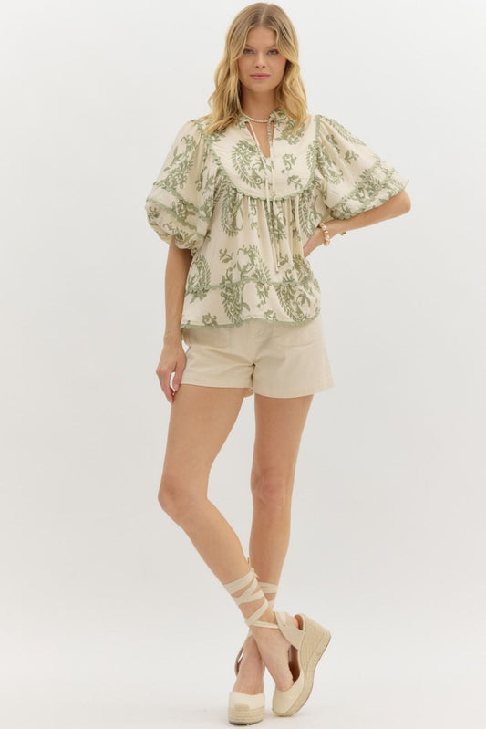 Olive Green Paisley Bubble Sleeve Blouse by Entro