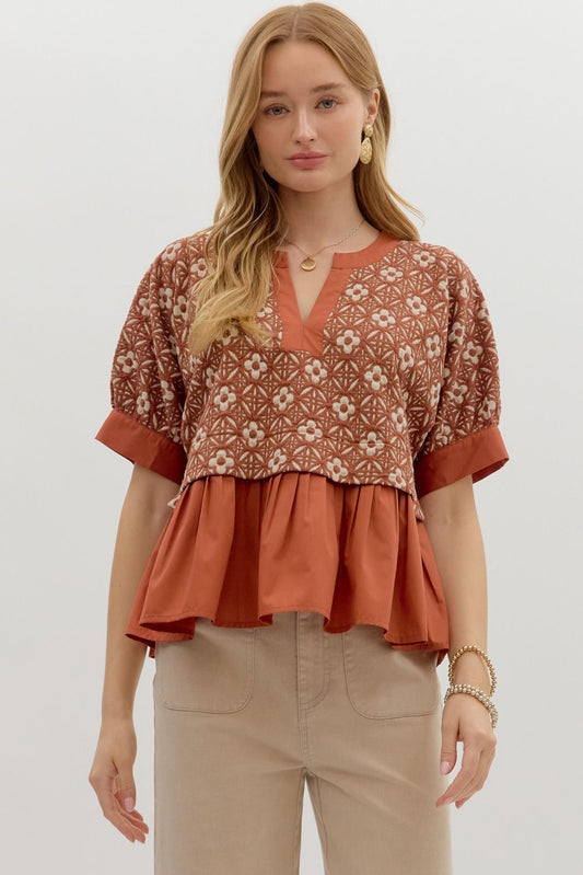 Floral Jacquard Top in Rust by Entro