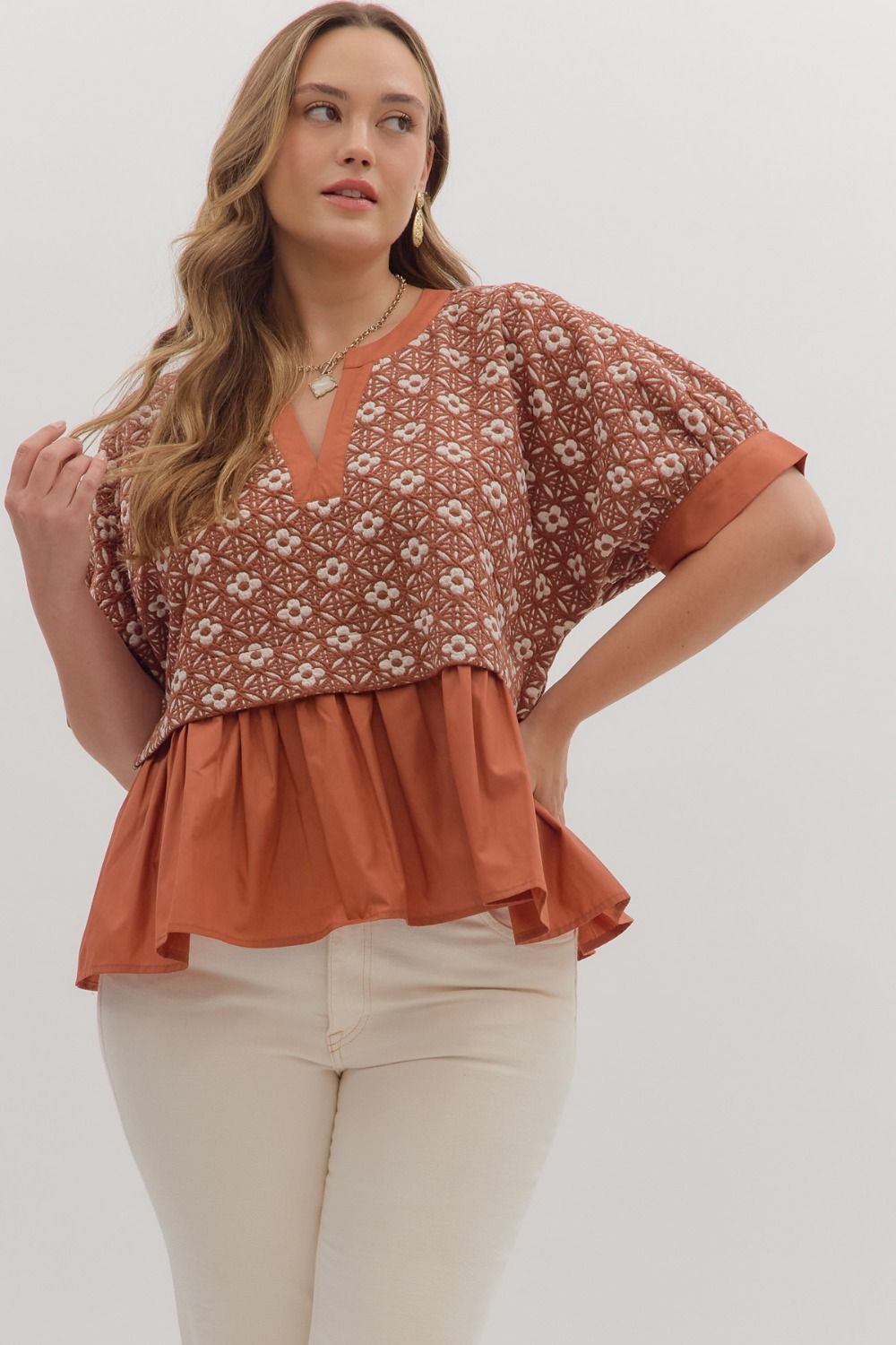 Floral Jacquard Top in Rust by Entro Plus