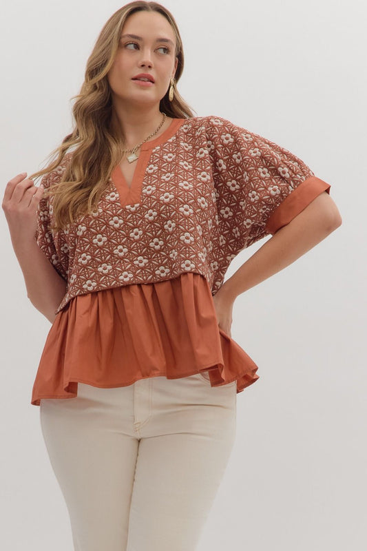 Floral Jacquard Top in Rust by Entro Plus