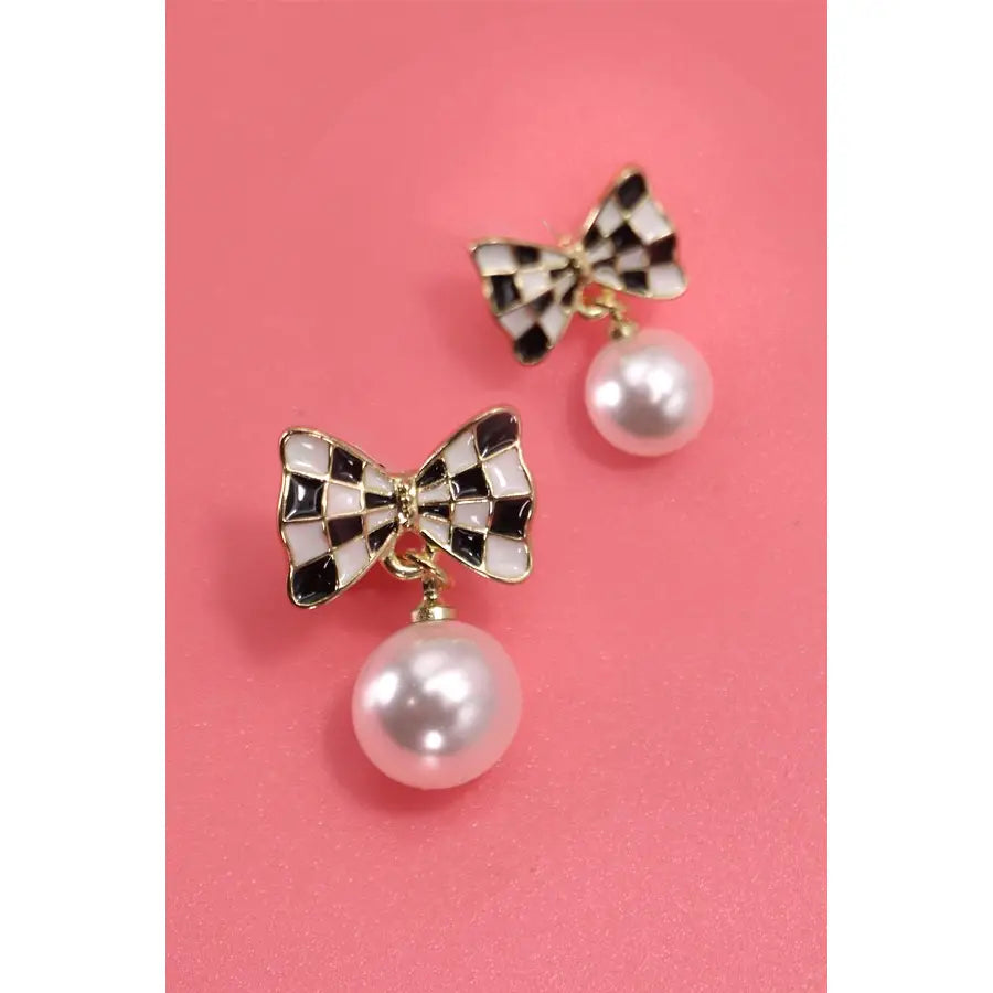 Checker Bow Pearl Drop Earrings