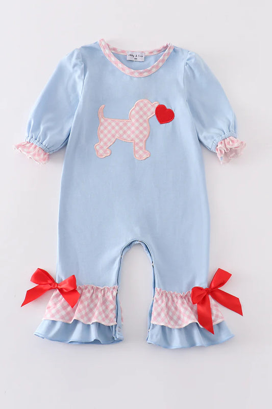 Girls Blue Valentine Puppy Heart Romper