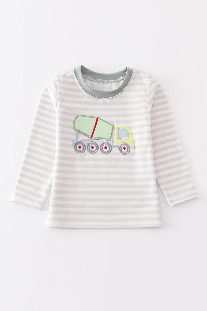 Boy Applique Truck grey stripe shirt