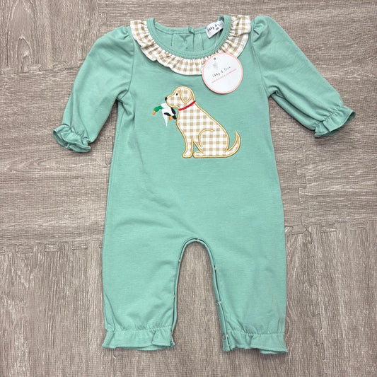 Sage Hunting Duck Puppy Appliqué Girl’s Romper